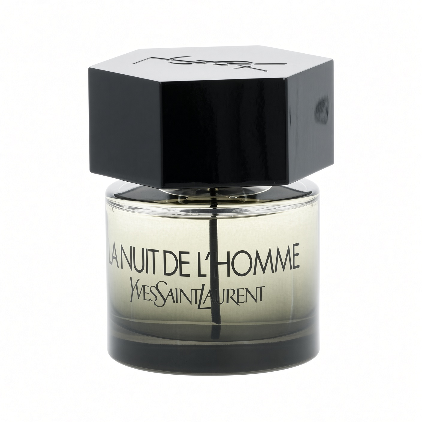Yves Saint Laurent La Nuit de L'Homme Eau de Toilette fles met zwarte zeshoekige dop op witte achtergrond