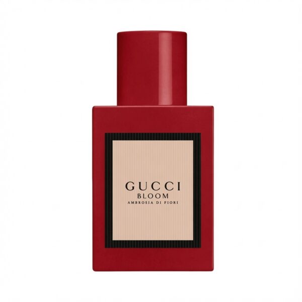 Gucci Bloom Ambrosia di Fiori Eau de Parfum rode fles met beige label op witte achtergrond