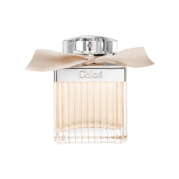 Chloé Signature parfumfles met zilveren dop en grote crèmekleurige strik op witte achtergrond