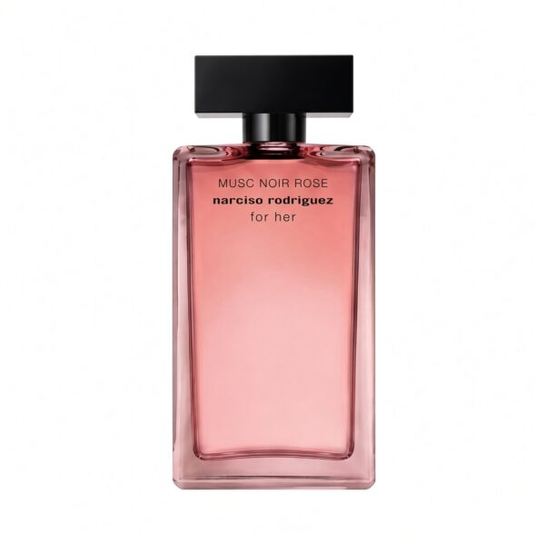 Narciso Rodriguez Musc Noir Rose for her Eau de Parfum roze fles met zwarte dop op witte achtergrond