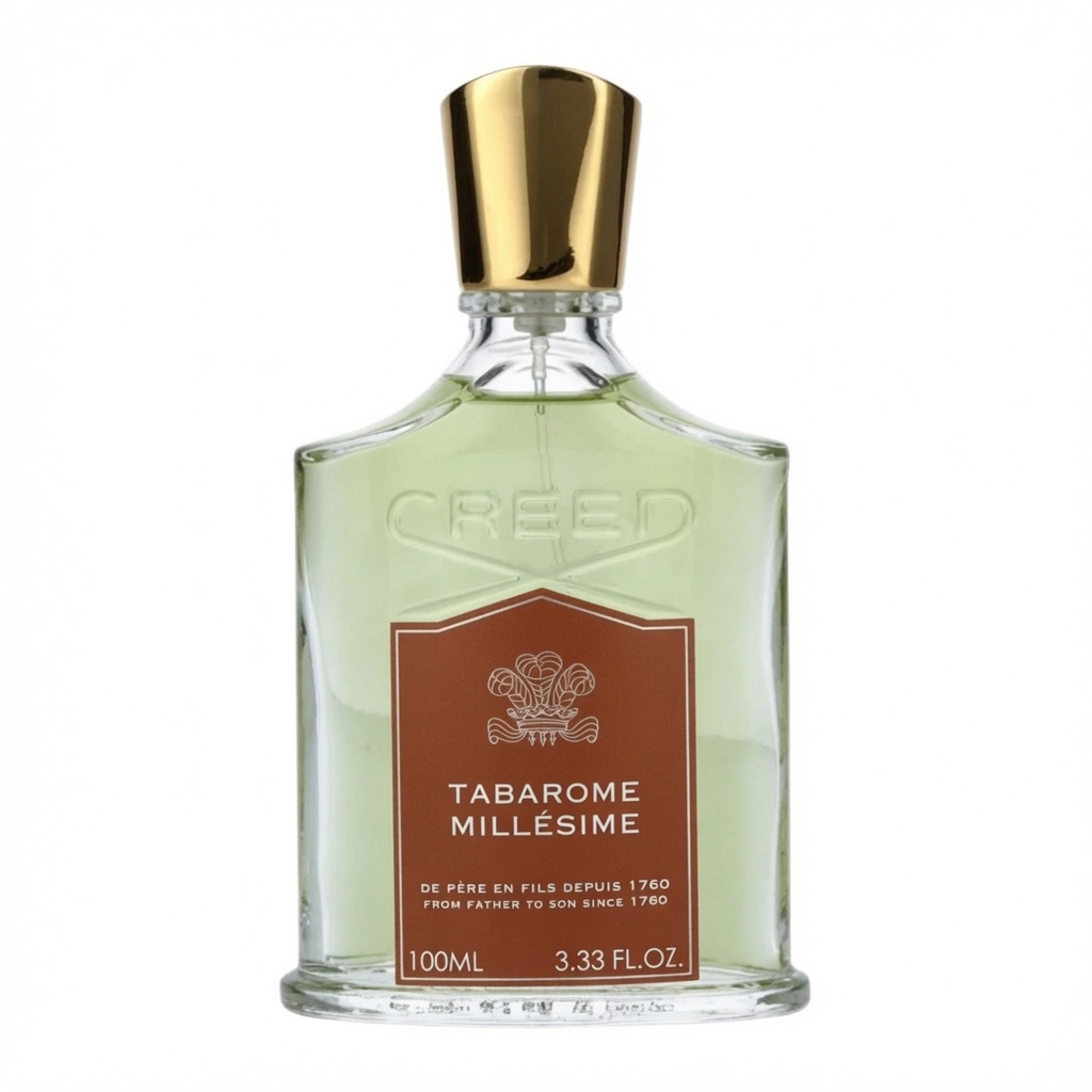 Creed Tabarome Millésime parfumfles met gouden dop, bruine label en lichte vloeistof op witte
