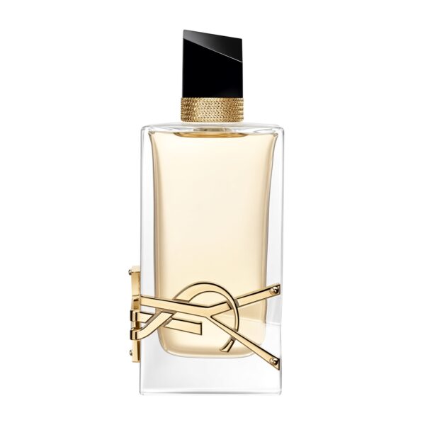 Yves Saint Laurent L'Homme Eau de Parfum amberkleurige fles met zwart-zilveren dop op witte achtergrond