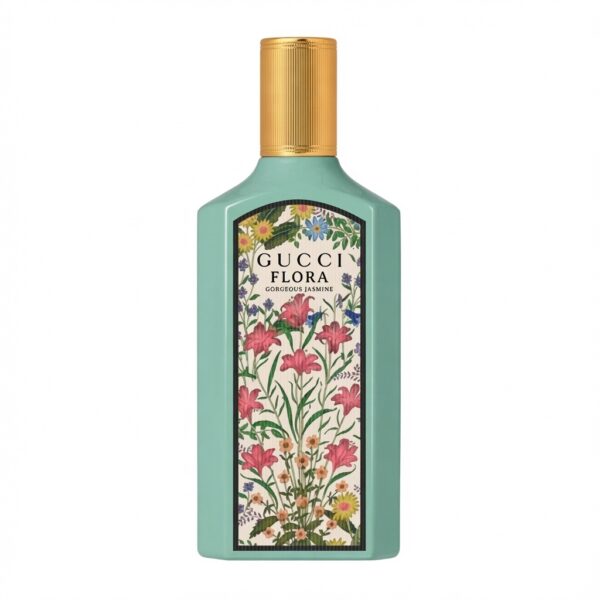 Gucci Flora Gorgeous Jasmine Eau de Parfum mintgroene fles met bloemenlabel op witte achtergrond