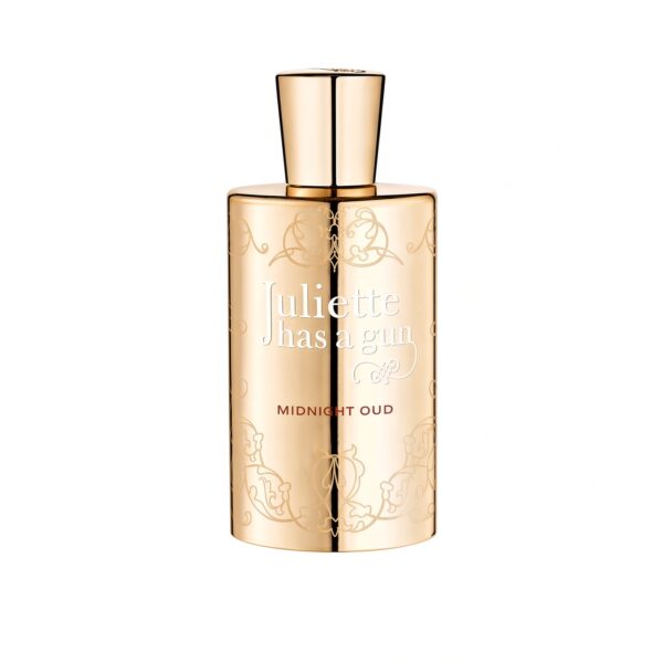 Juliette Has a Gun Midnight Oud Eau de Parfum gouden fles met rode tekst op witte achtergrond