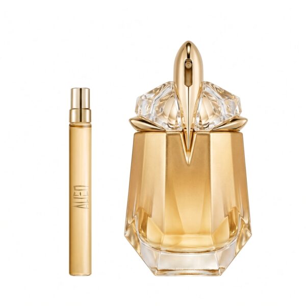 Mugler Alien Goddess Eau de Parfum gouden fles met travel spray op witte achtergrond