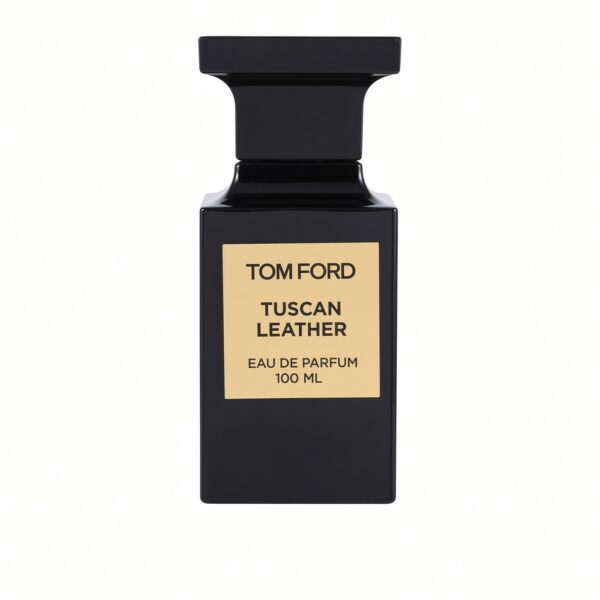 om Ford Tuscan Leather Eau de Parfum zwarte fles met gouden label op witte achtergrond