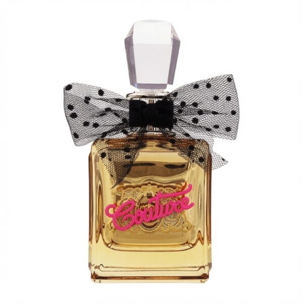 Juicy Couture Eau de Parfum gouden fles met polka-dot strik en roze Couture tekst op witte achtergrond