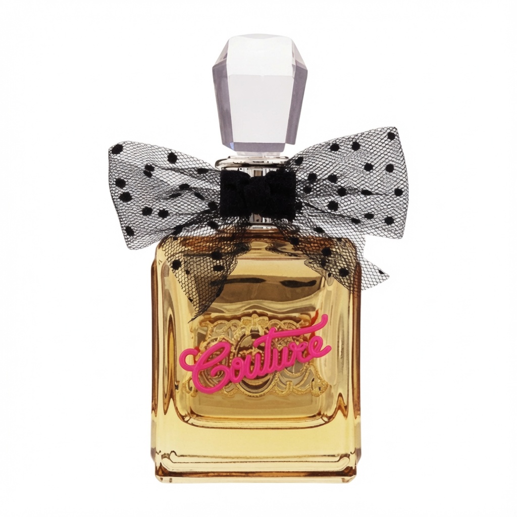 Juicy Couture Eau de Parfum gouden fles met polka-dot strik en roze Couture tekst op witte achtergrond