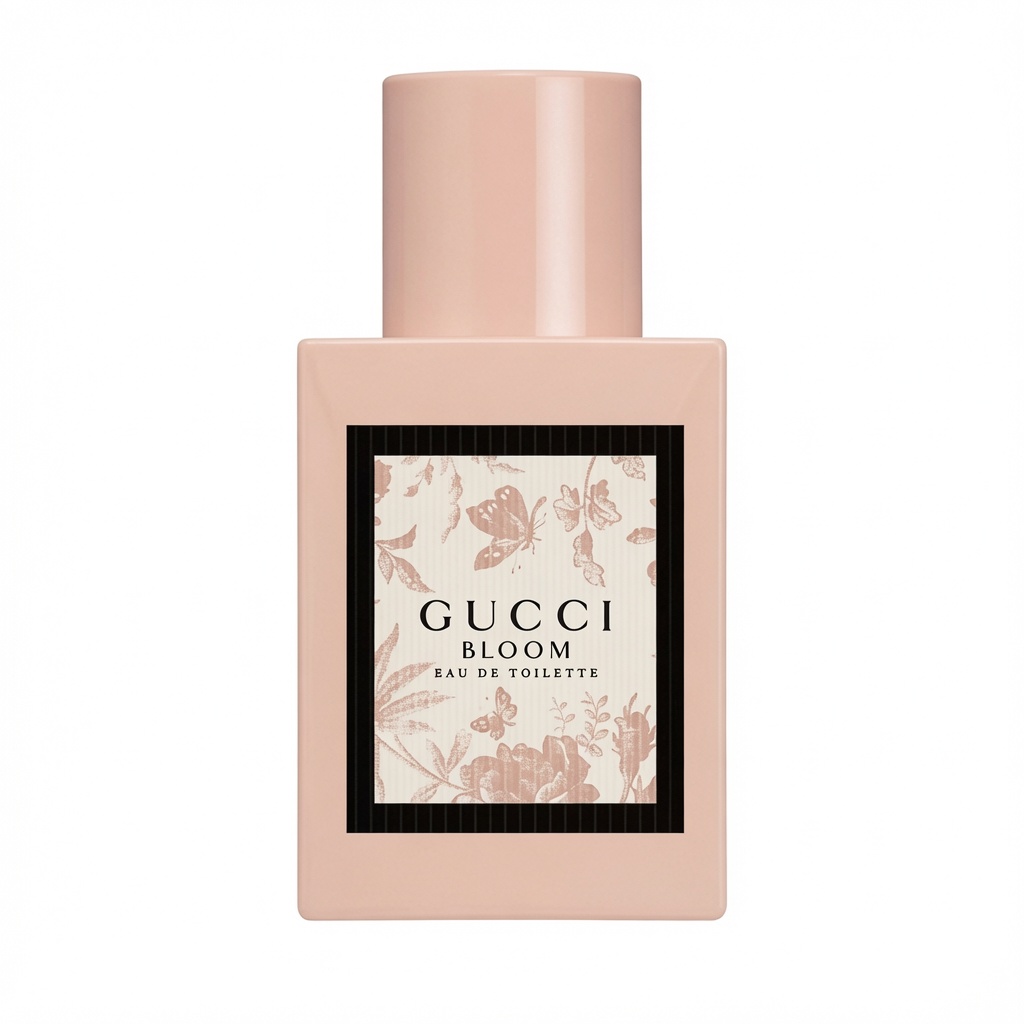 Gucci Bloom Eau de Toilette roze fles met bloemen- en vlinderlabel op witte achtergrond