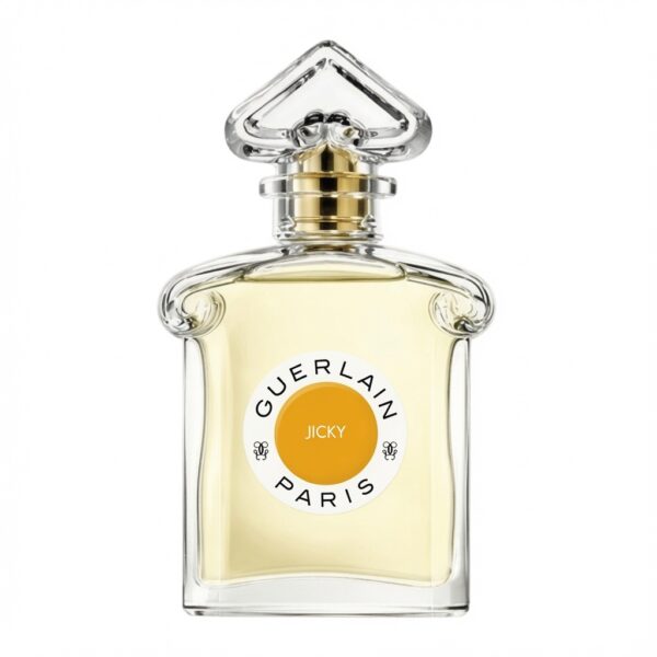 Guerlain Jicky Eau de Parfum fles met glazen stop en oranje label op witte achtergrond