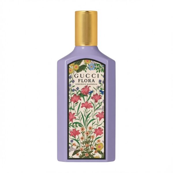 Gucci Flora Gorgeous Magnolia Eau de Parfum paarse fles met bloemenlabel op witte achtergrond