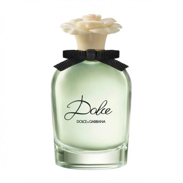 Dolce & Gabbana Dolce parfumfles met crèmekleurige bloemdop, zwarte strik en mintgroene vloeistof op zuiver