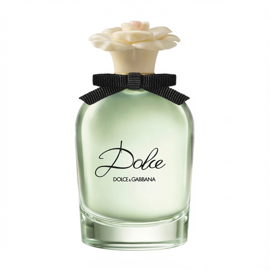 Dolce & Gabbana Dolce parfumfles met crèmekleurige bloemdop, zwarte strik en mintgroene vloeistof op zuiver