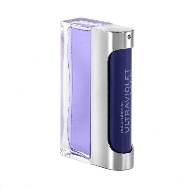 Paco Rabanne Ultraviolet Man Eau de Toilette paarse fles met zilveren frame op witte achtergrond