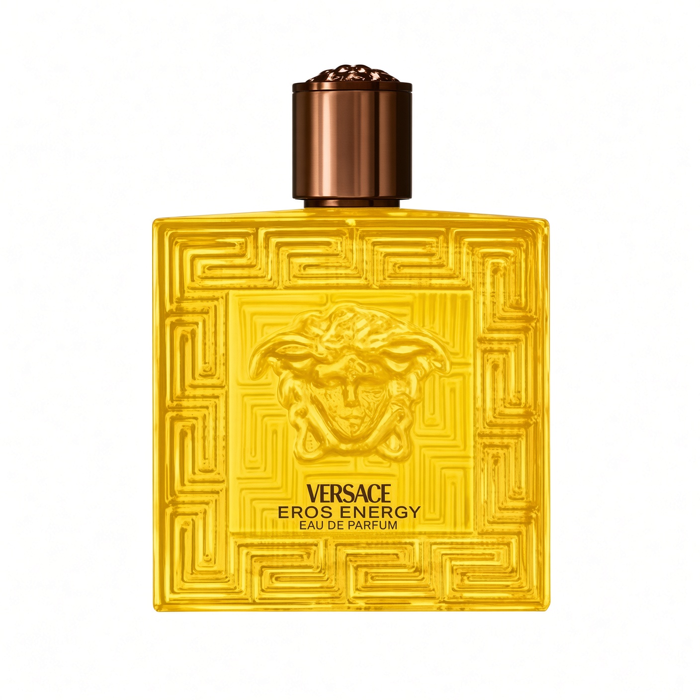 Versace Eros Energy Eau de Parfum gele fles met Medusa logo op witte achtergrond