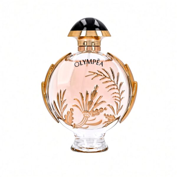 Paco Rabanne Olympéa Eau de Parfum fles met zwarte dop en gouden bladmotief op witte achtergrond