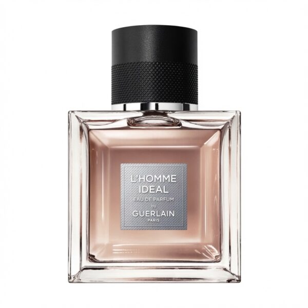 Guerlain L’Homme Idéal Eau de Parfum fles met zwarte dop en zilveren label op witte achtergrond
