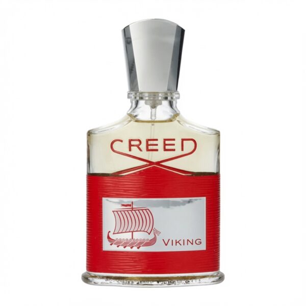 Creed Viking parfumfles met zilveren dop, rode band en schip-logo op witte achtergrond