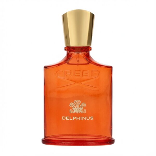 Creed Delphinus oranje parfumfles met gouden dop en crest-logo op witte achtergrond