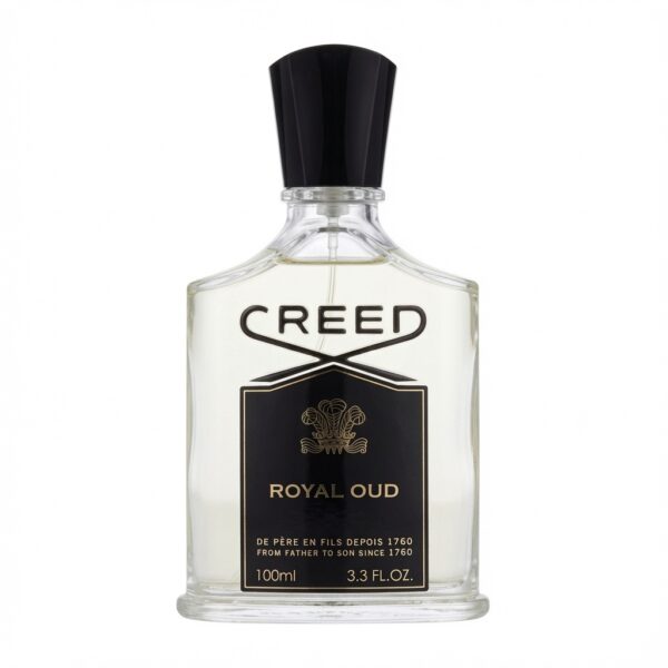 Creed Royal Oud parfumfles met zwarte dop, gouden crest en zwarte label op witte achtergrond