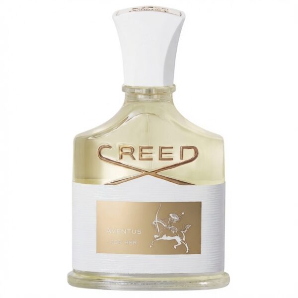 Creed Aventus for Her parfumfles met witte dop, gouden label en archer-logo op witte achtergrond