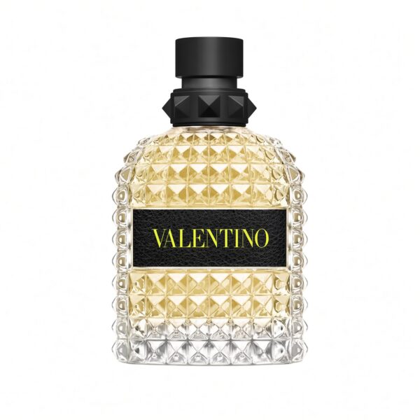 Valentino Donna Born in Roma Yellow Dream Eau de Parfum gele studded fles met zwarte dop op witte achtergrond