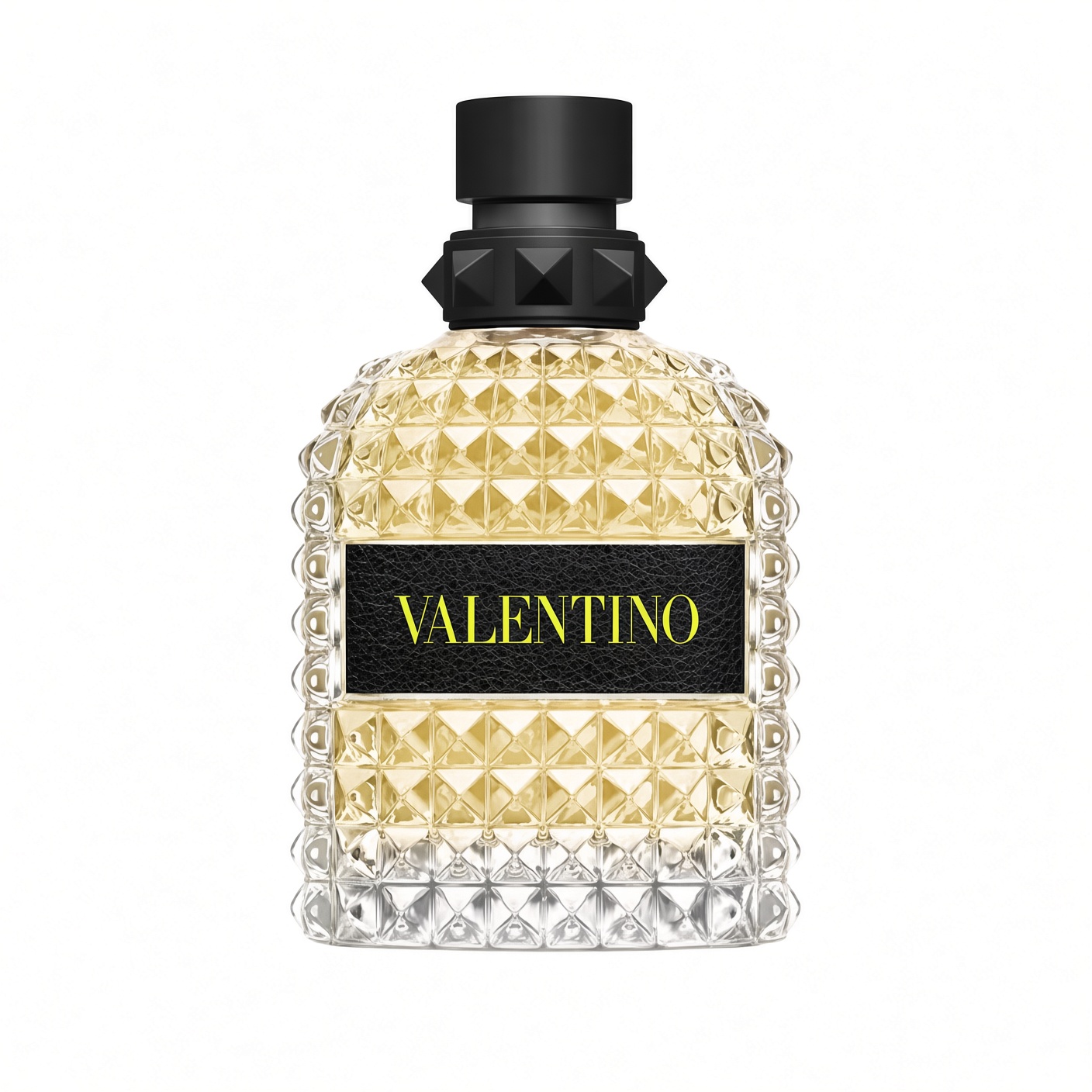 Valentino Donna Born in Roma Yellow Dream Eau de Parfum gele studded fles met zwarte dop op witte achtergrond