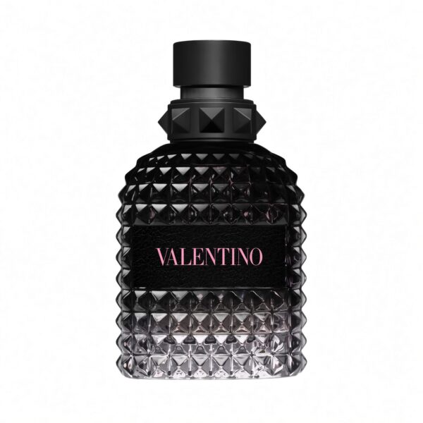 Valentino Donna Born in Roma Intense Eau de Parfum donkere studded fles met roze tekst op witte achtergrond