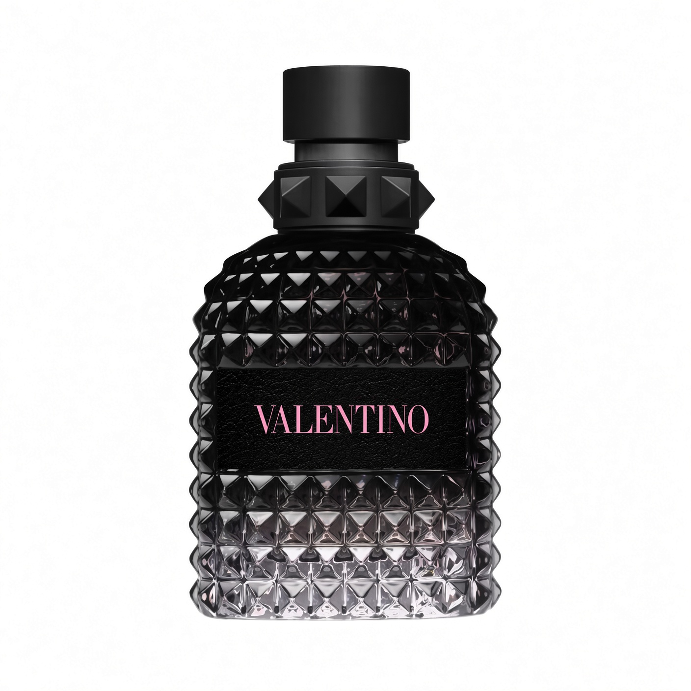 Valentino Donna Born in Roma Intense Eau de Parfum donkere studded fles met roze tekst op witte achtergrond