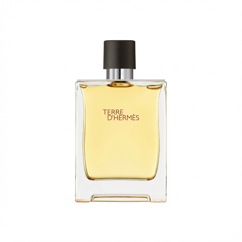 Terre d’Hermès Eau de Toilette fles met donkere dop en oranje tekst op witte achtergrond