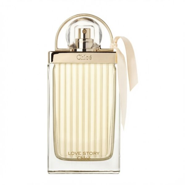 Chloé Love Story parfumfles met gouden boogvormige top en crèmekleurig lint op witte achtergrond