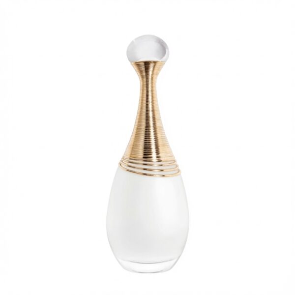 Dior J’adore klassieke druppelvormige parfumfles met gouden hals op witte achtergrond