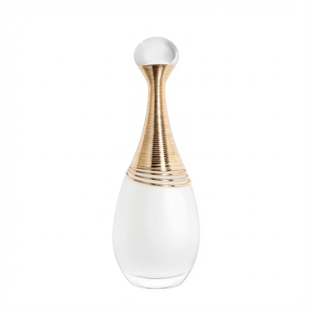 Dior J’adore klassieke druppelvormige parfumfles met gouden hals op witte achtergrond