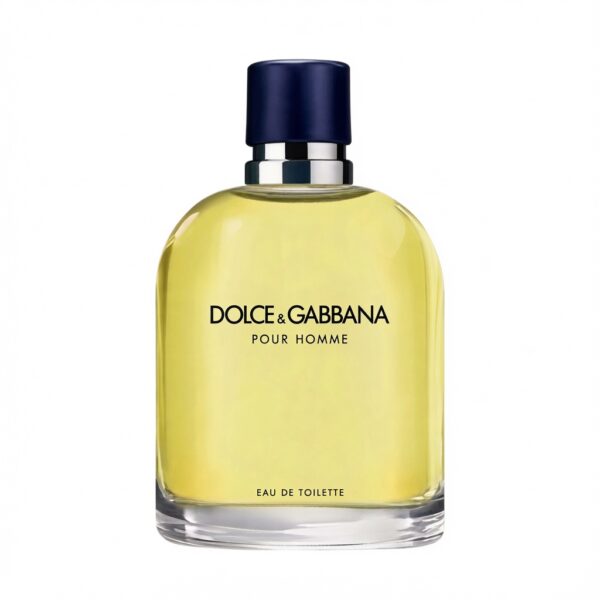 Dolce & Gabbana Pour Homme parfumfles met blauwe dop en gele vloeistof op witte achtergrond