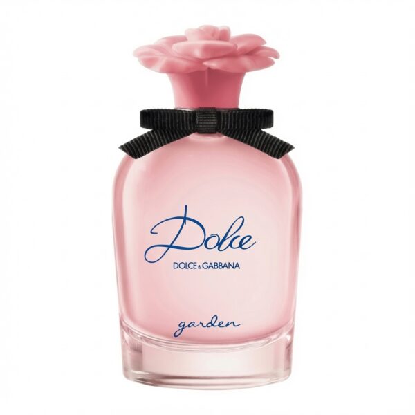 Dolce & Gabbana Dolce Garden parfumfles met roze bloemdop en zwarte strik op witte achtergrond