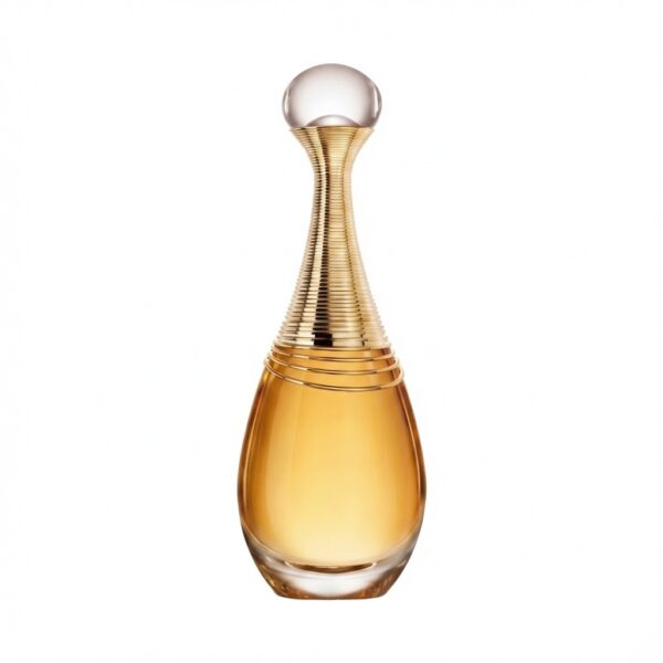 Dior J’adore klassieke druppelvormige parfumfles met gouden hals op witte achtergrond
