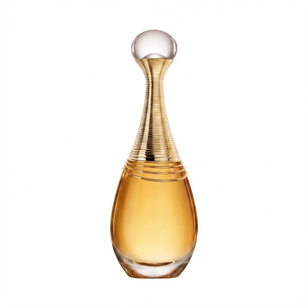 Dior J’adore klassieke druppelvormige parfumfles met gouden hals op witte achtergrond
