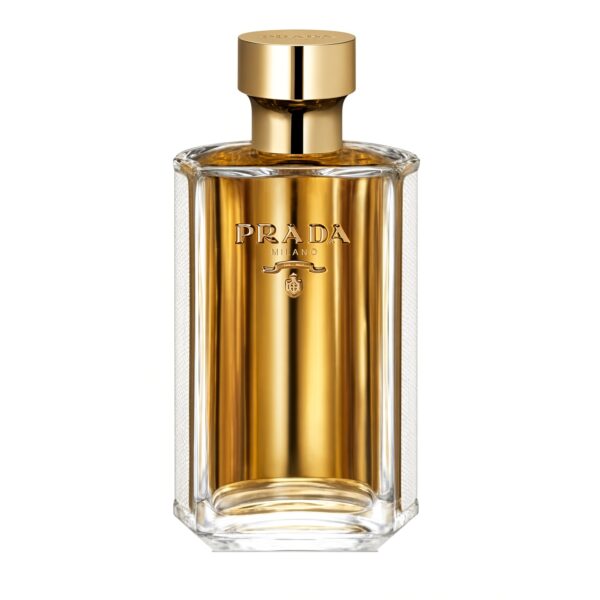 Prada La Femme Eau de Parfum gouden fles met gouden dop op witte achtergrond