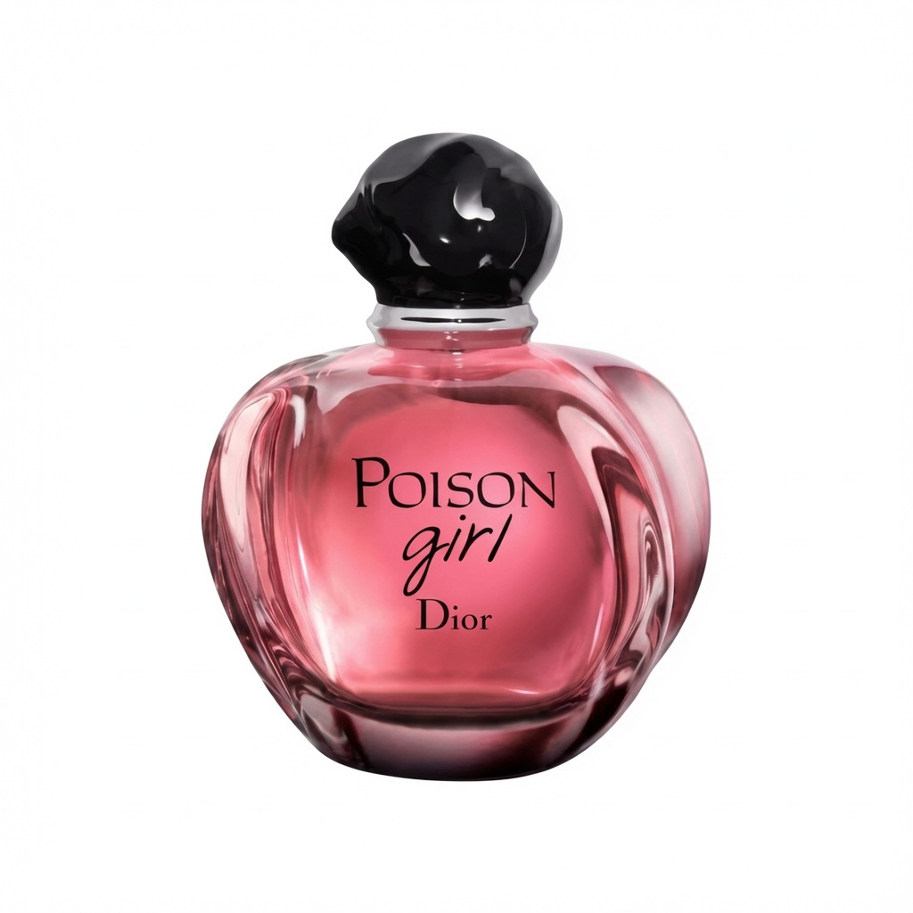 Dior Poison Girl appelvormige roze parfumfles op witte achtergrond