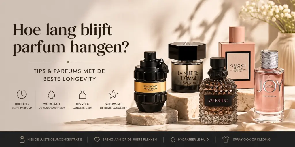 Hoe lang blijft parfum hangen blog banner met luxe parfums en tips voor langere houdbaarheid
