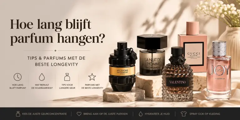 Hoe lang blijft parfum hangen blog banner met luxe parfums en tips voor langere houdbaarheid