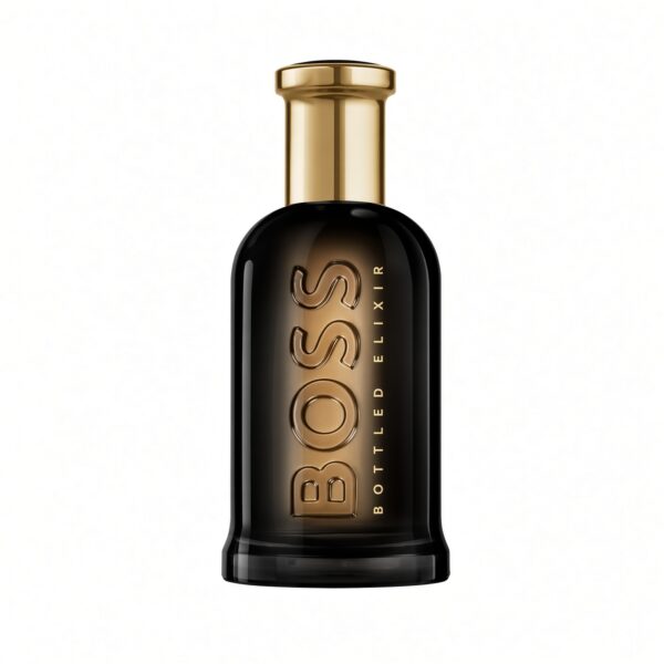 Boss Bottled Elixir Eau de Parfum fles met gouden dop op witte achtergrond