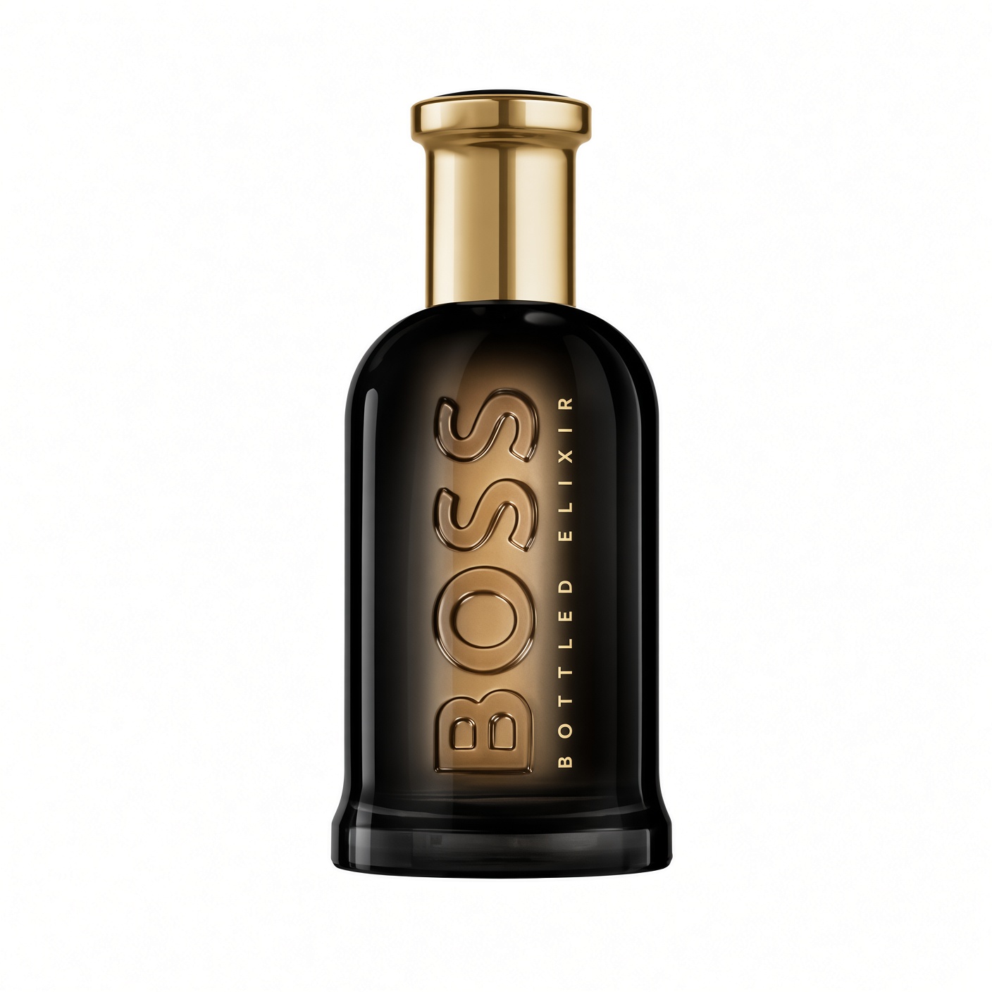 Boss Bottled Elixir Eau de Parfum fles met gouden dop op witte achtergrond