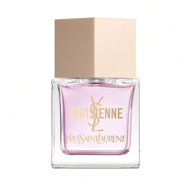 Yves Saint Laurent Parisienne Eau de Parfum roze fles met beige dop en gouden YSL logo op witte achtergrond
