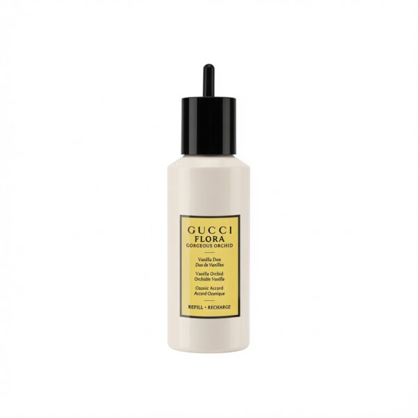 Gucci Flora Gorgeous Orchid Refill fles met gele label en zwarte dop op witte achtergrond