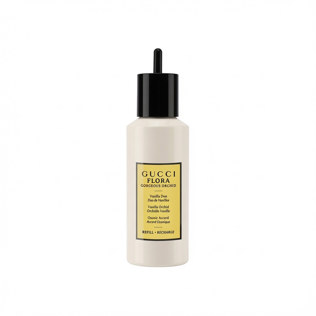 Gucci Flora Gorgeous Orchid Refill fles met gele label en zwarte dop op witte achtergrond