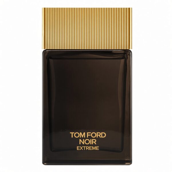 Tom Ford Noir Extreme Eau de Parfum donkere fles met gouden geribbelde dop op witte achtergrond