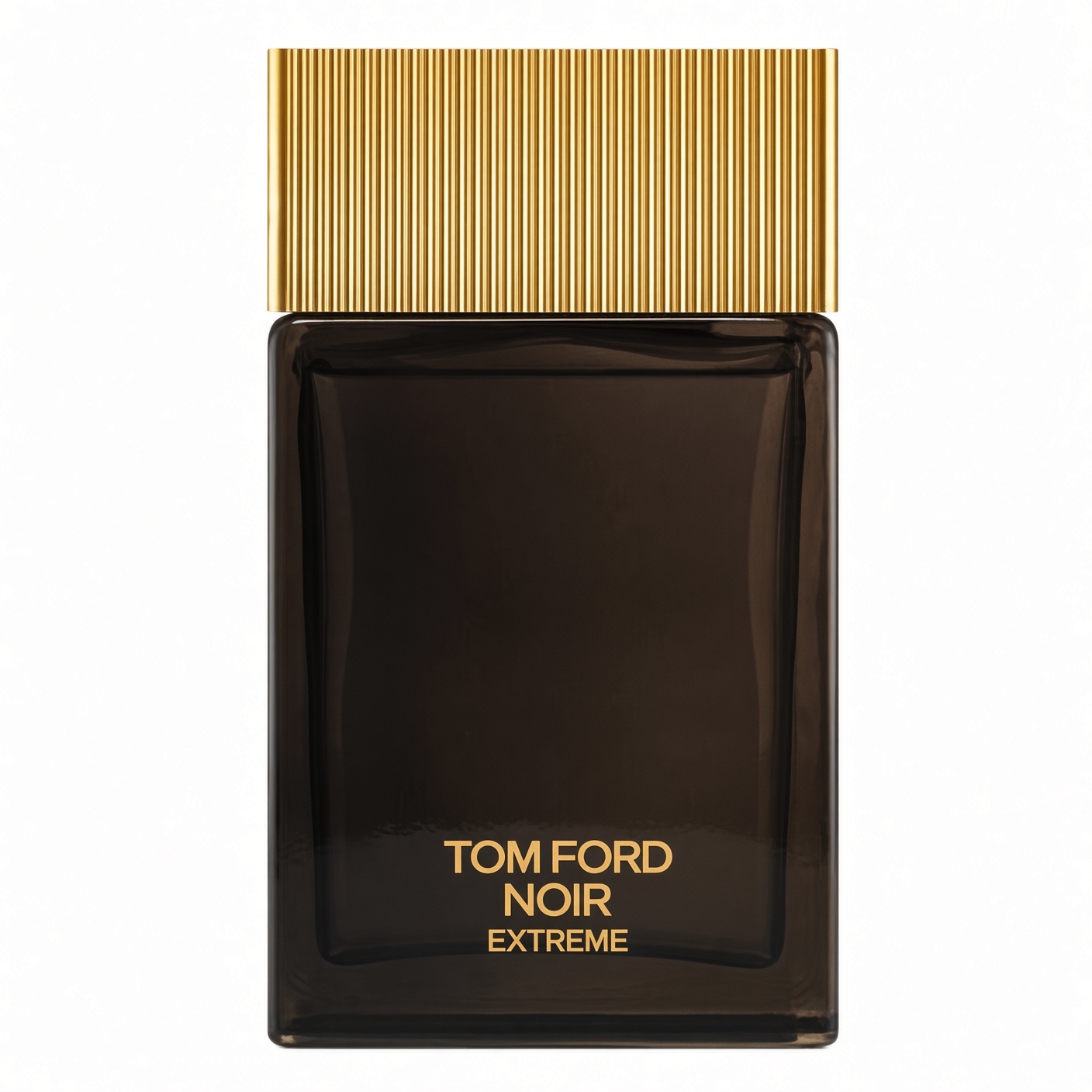 Tom Ford Noir Extreme Eau de Parfum donkere fles met gouden geribbelde dop op witte achtergrond