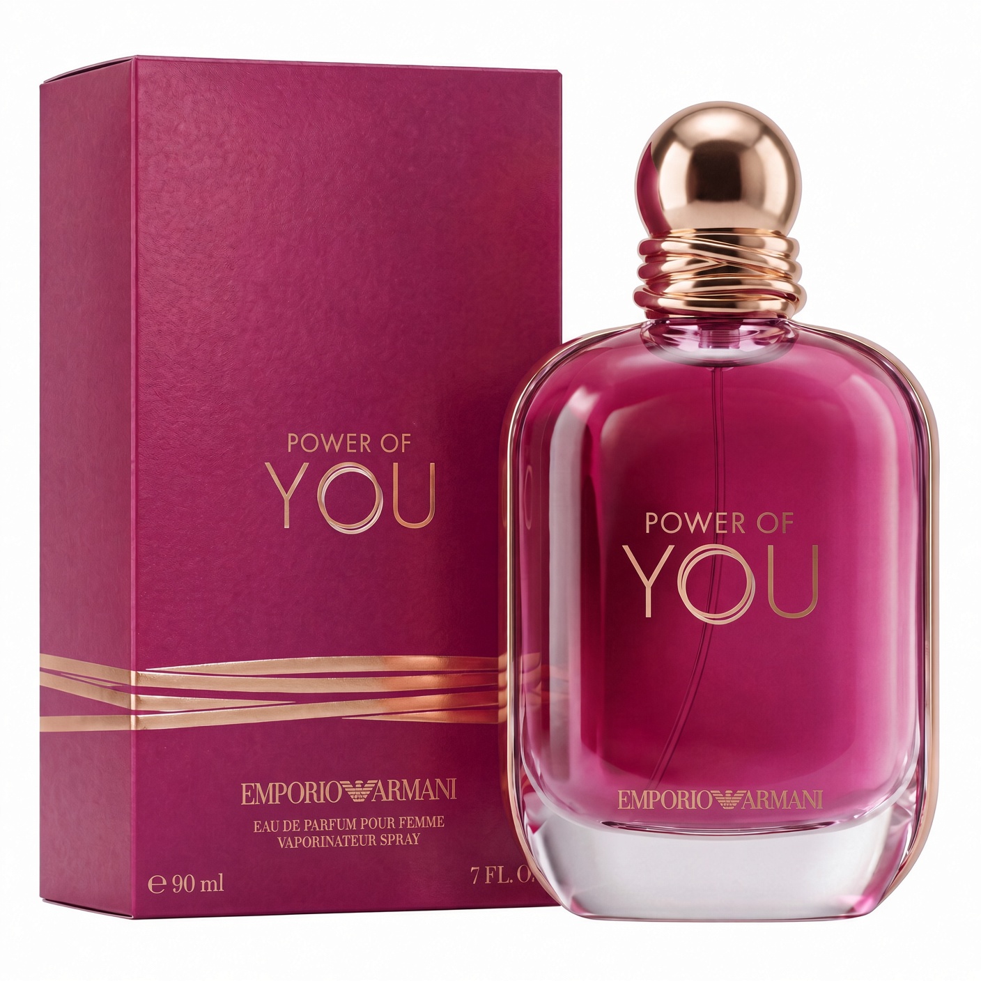 Vierkante studiofoto van Emporio Armani Power of You 90 ml parfumfles en doos, magenta roze met gouden details
