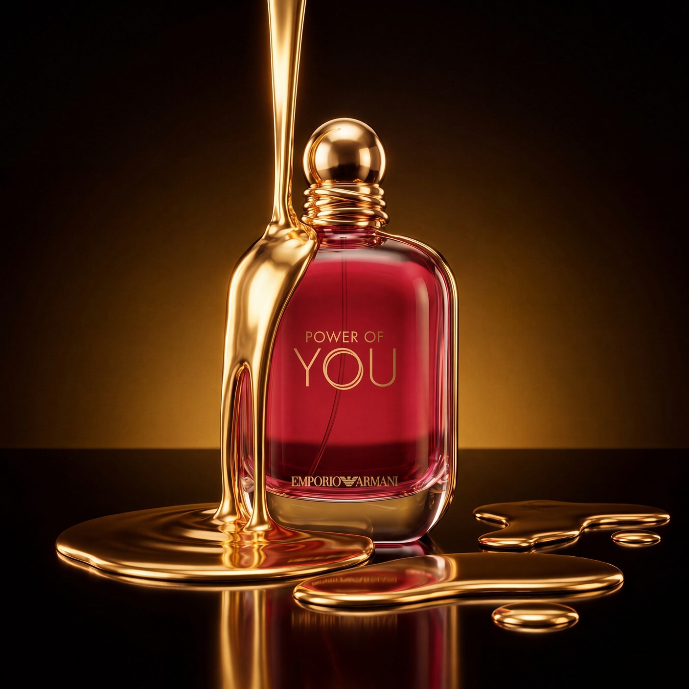 Vierkante studiofoto van Emporio Armani Power of You 90 ml parfumfles en doos, magenta roze met gouden details